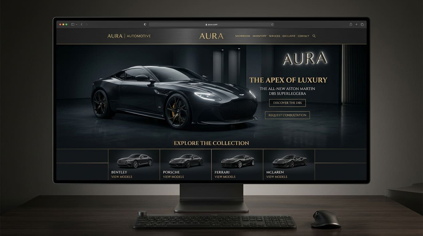 Website-Mockup eines Autohauses mit Fahrzeugpräsentation auf einem Desktop-Bildschirm