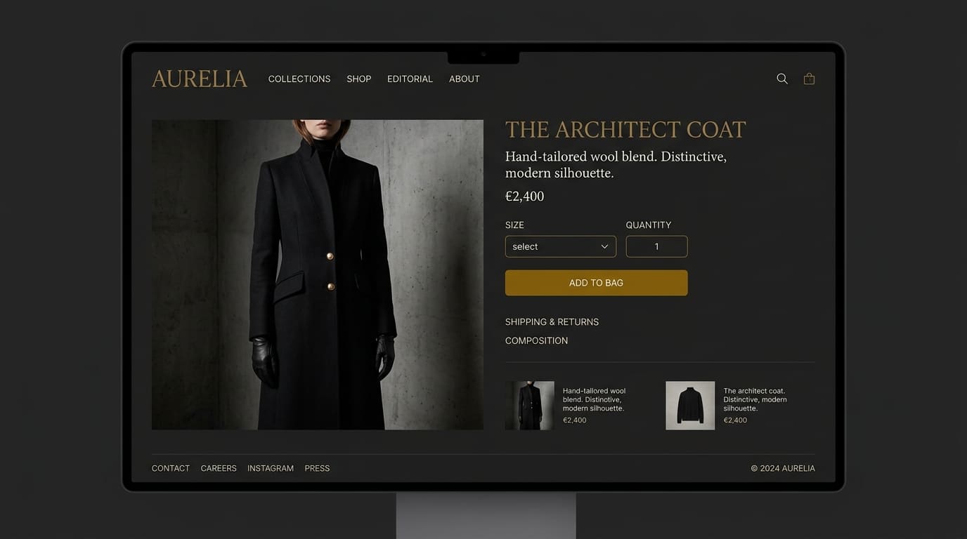 Website-Mockup einer Premium-Modemarke mit editorieller Bildsprache auf einem Desktop-Bildschirm