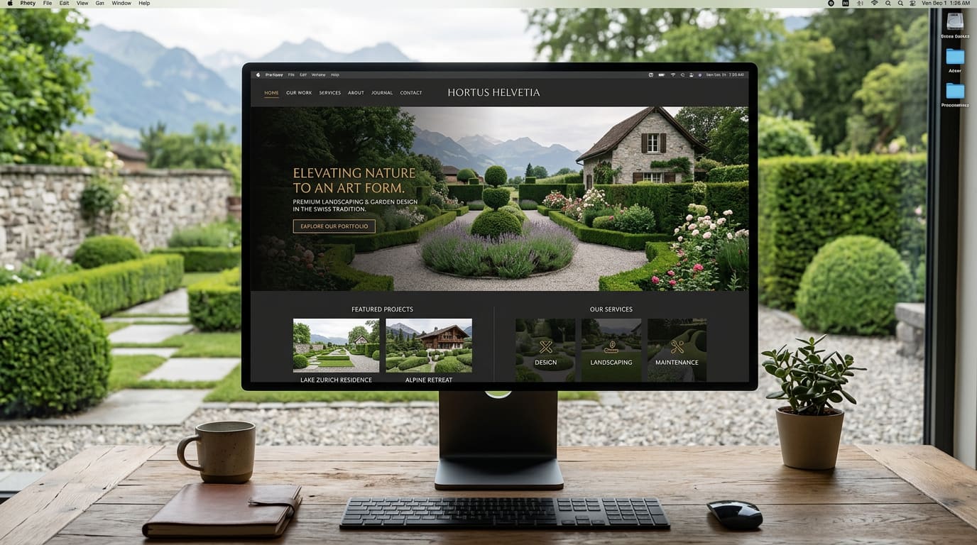 Website-Mockup eines Gartenbaubetriebs mit gepflegter Gartenanlage auf einem Desktop-Bildschirm