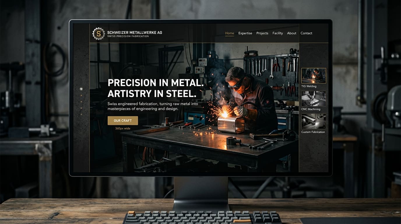 Website-Mockup eines Metallbau-Betriebs mit Werkstattfotografie auf einem Desktop-Bildschirm