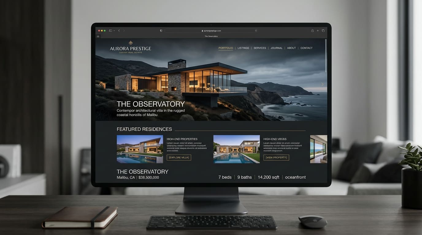 Website-Mockup einer Immobilienagentur mit Villenpräsentation auf einem Desktop-Bildschirm