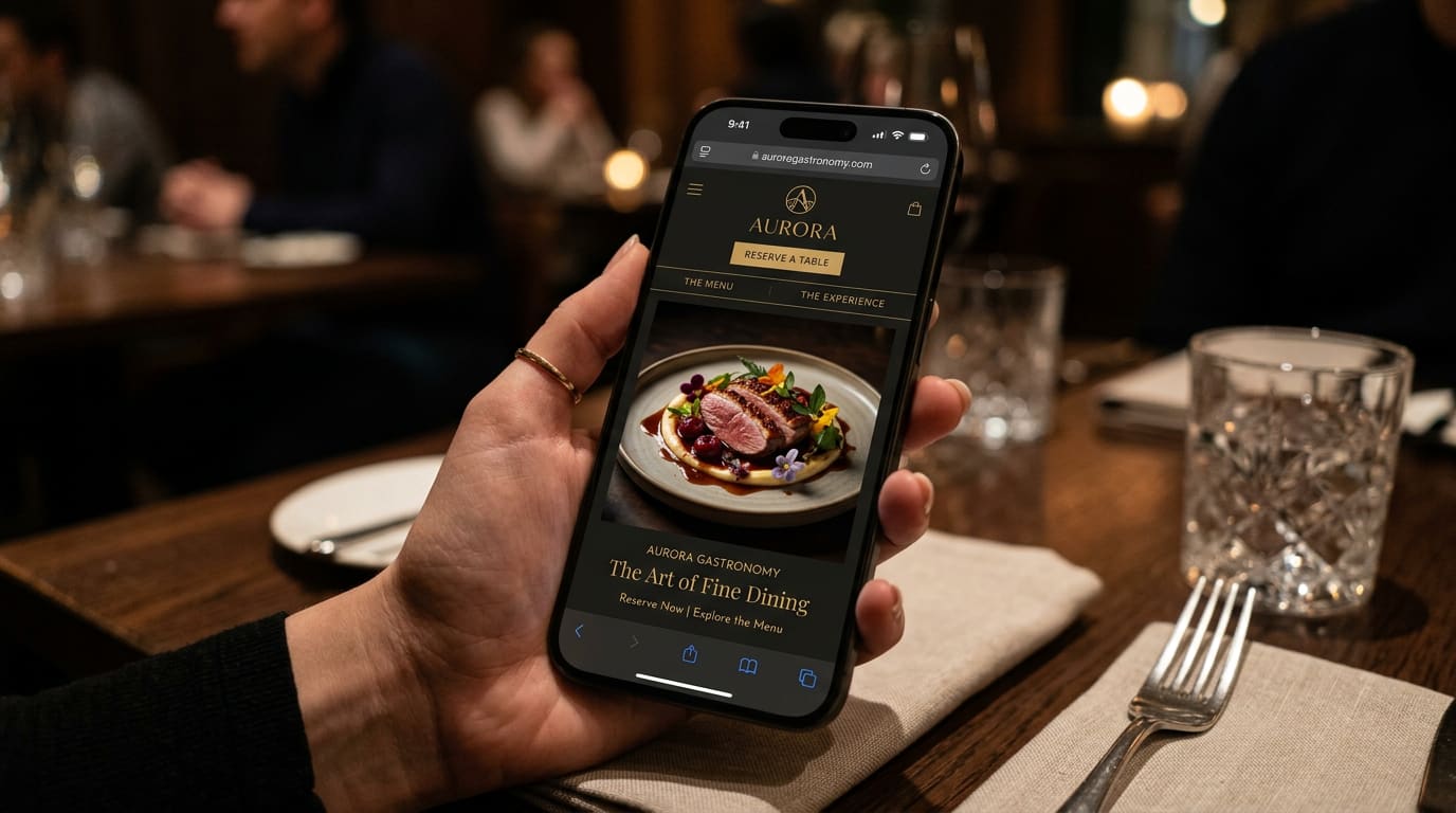 Website-Mockup eines Restaurants mit stimmungsvoller Food-Fotografie
